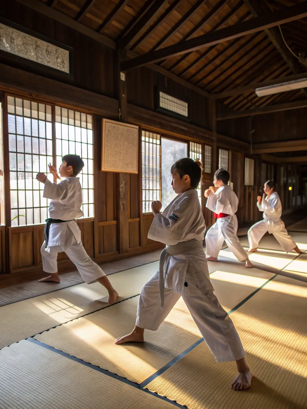An image of a Karate class, with students in traditional uniforms practicing stances and forms, emphasizing discipline and precision in their movements.