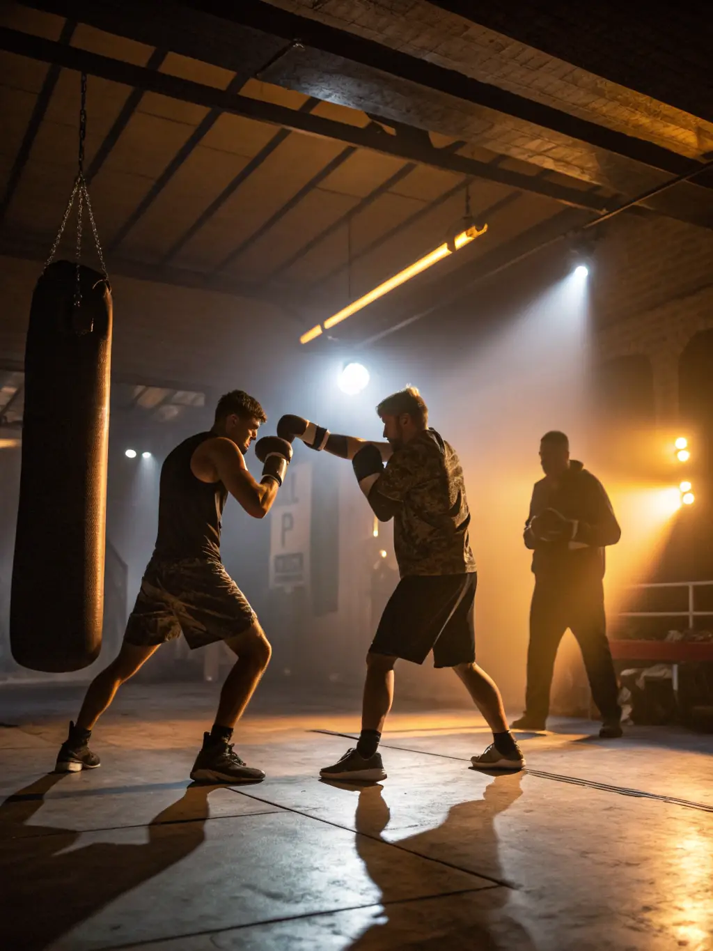 A vibrant image of a Thai boxing session, showing participants engaged in sparring and pad work, highlighting the intensity and dynamic nature of the sport.