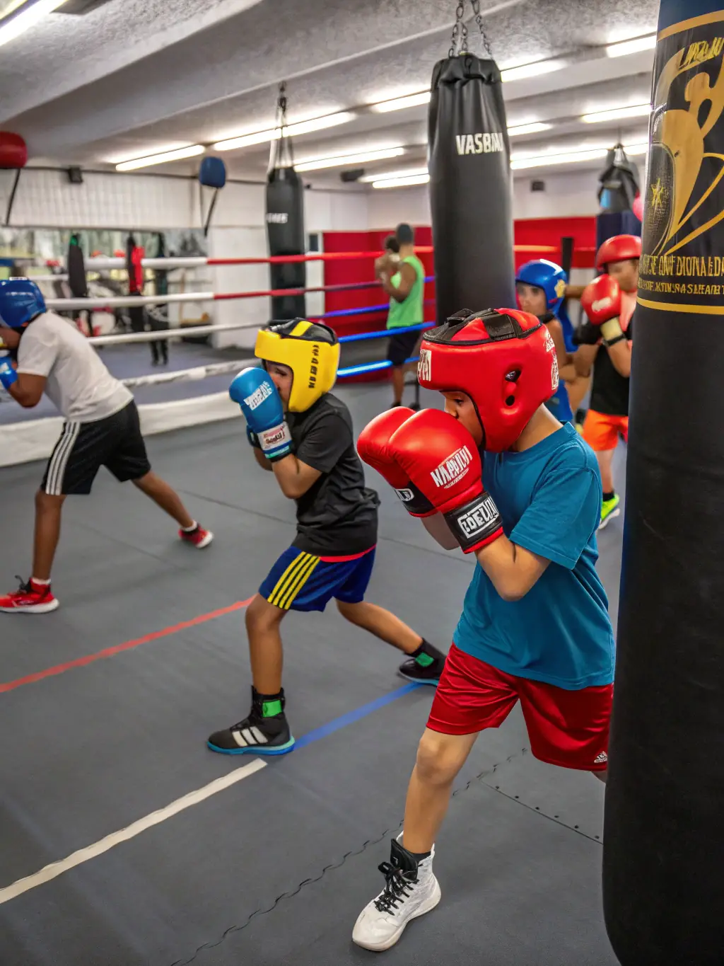 An energetic image of students engaged in Thai boxing training, emphasizing the physical conditioning and power.
