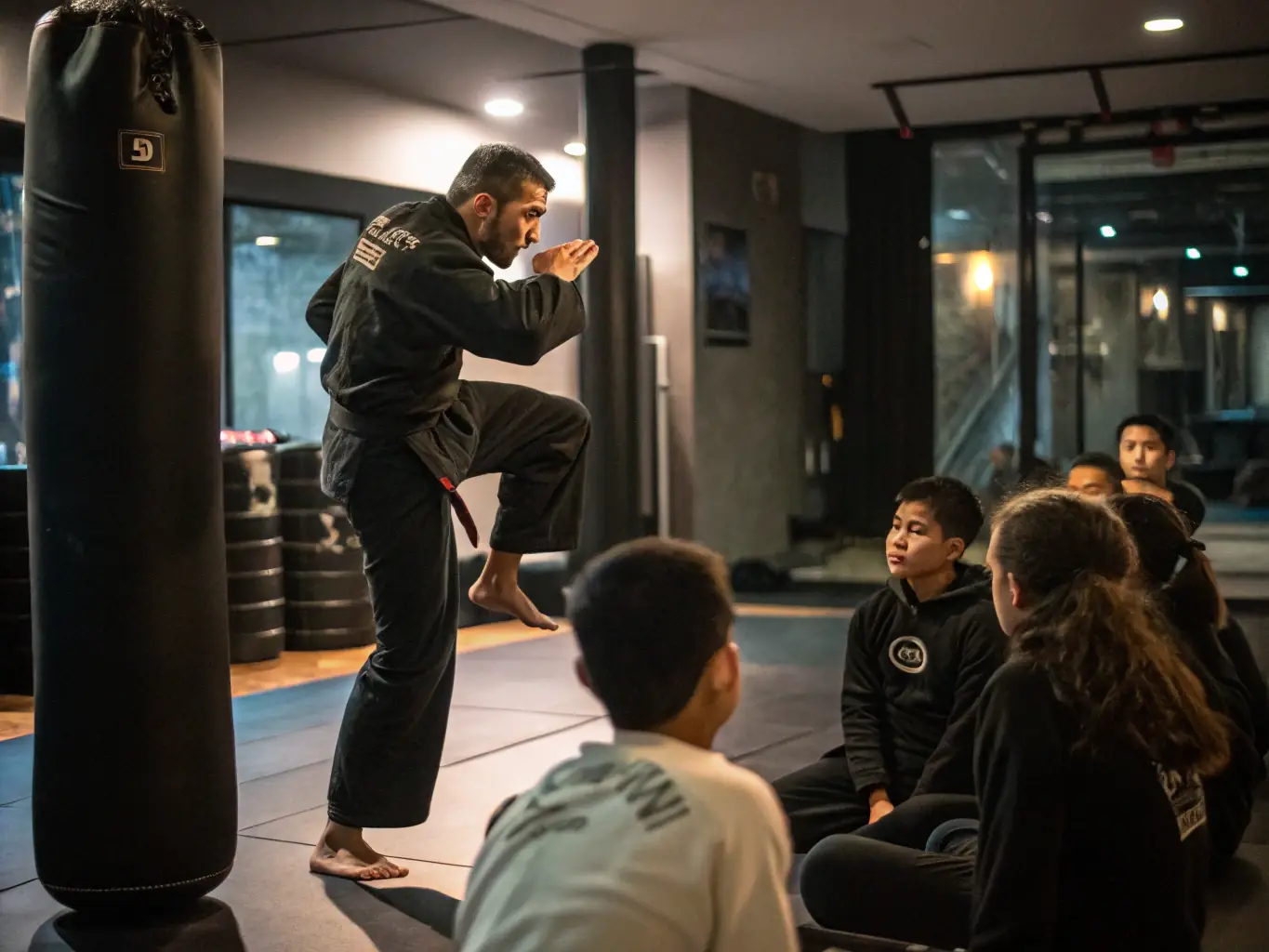 A dynamic image of a Krav Maga class in action, showcasing participants of various ages and skill levels practicing self-defense techniques under the guidance of an instructor. The setting is a well-equipped training facility.