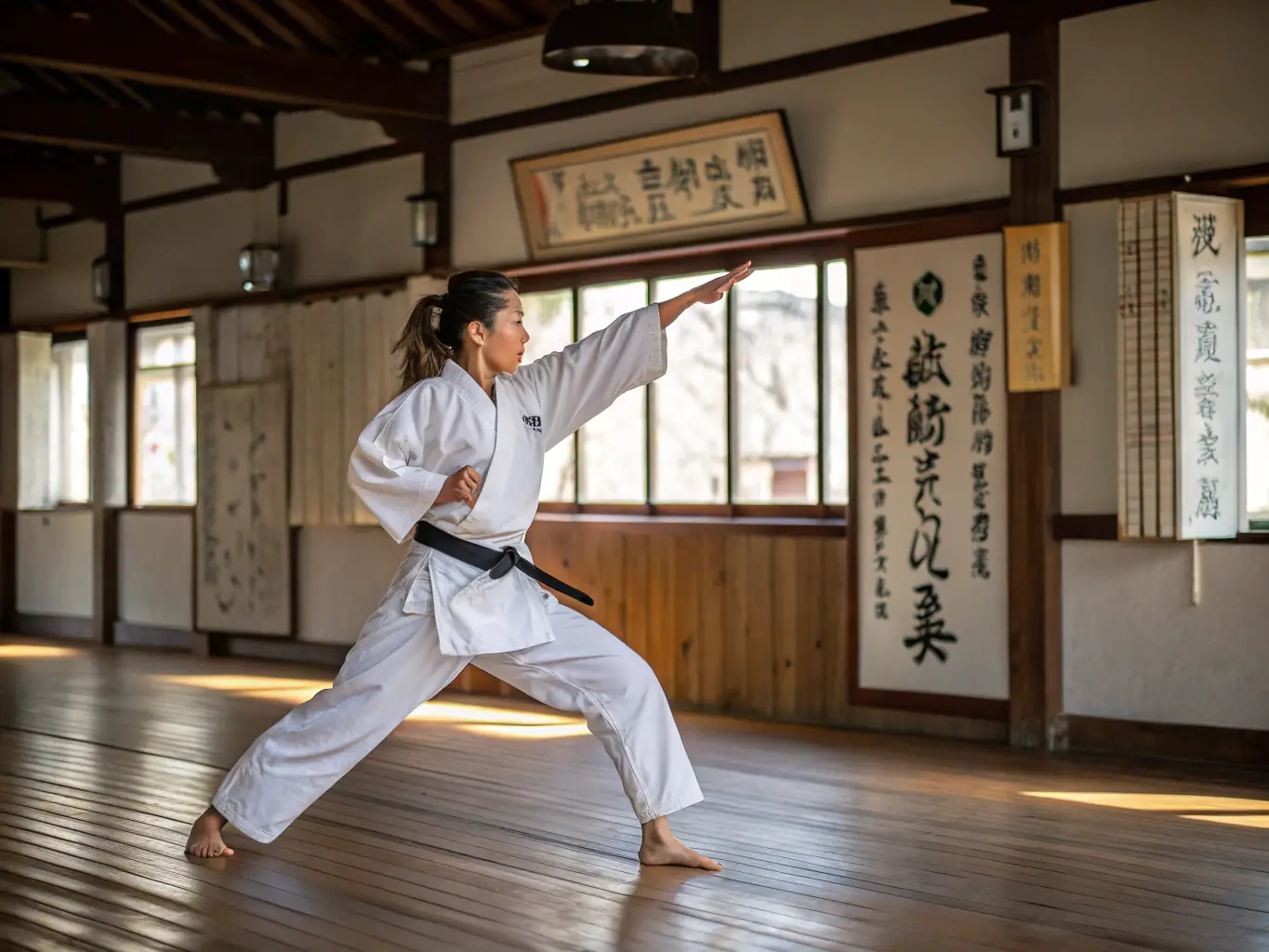 A focused image of a Karate practitioner executing a precise and powerful strike, highlighting the discipline and control involved in Karate training.