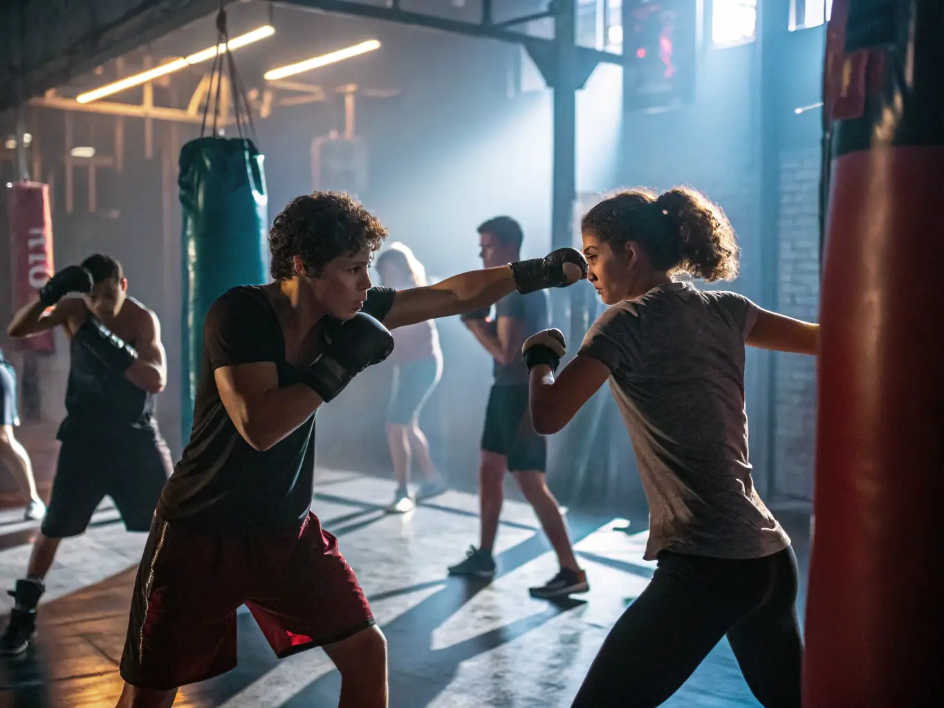 An energetic image of a Thai boxing session, showing participants practicing strikes and kicks with pads and bags. The setting is a vibrant and motivating training environment.